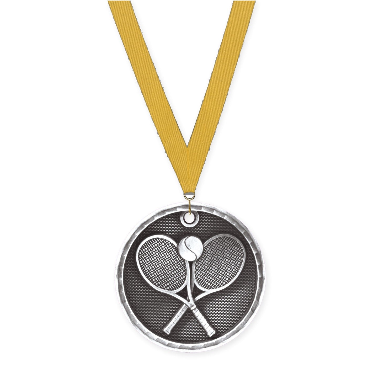 2 inch tennis 3-D medal in antique silver with Gold neck ribbon