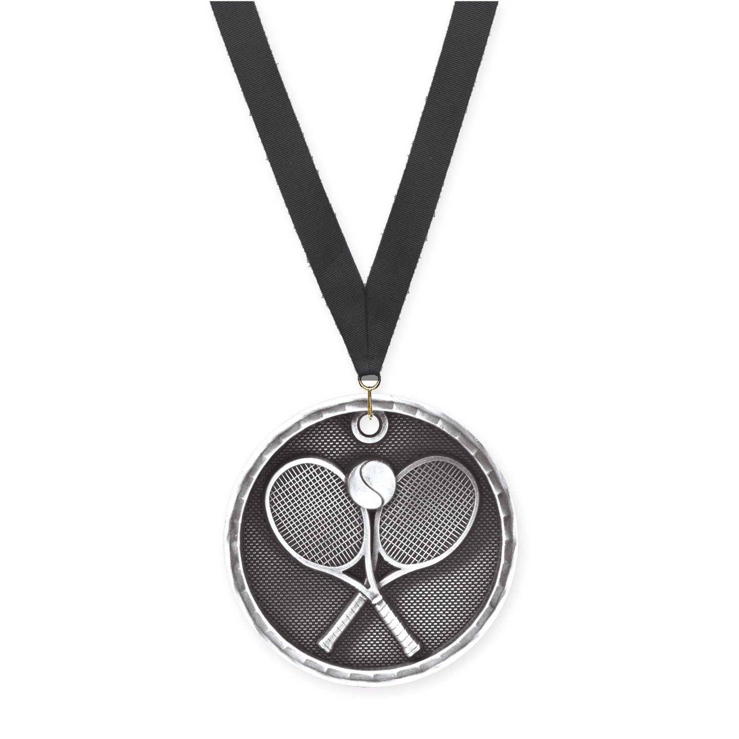 2 inch tennis 3-D medal in antique silver with Black neck ribbon