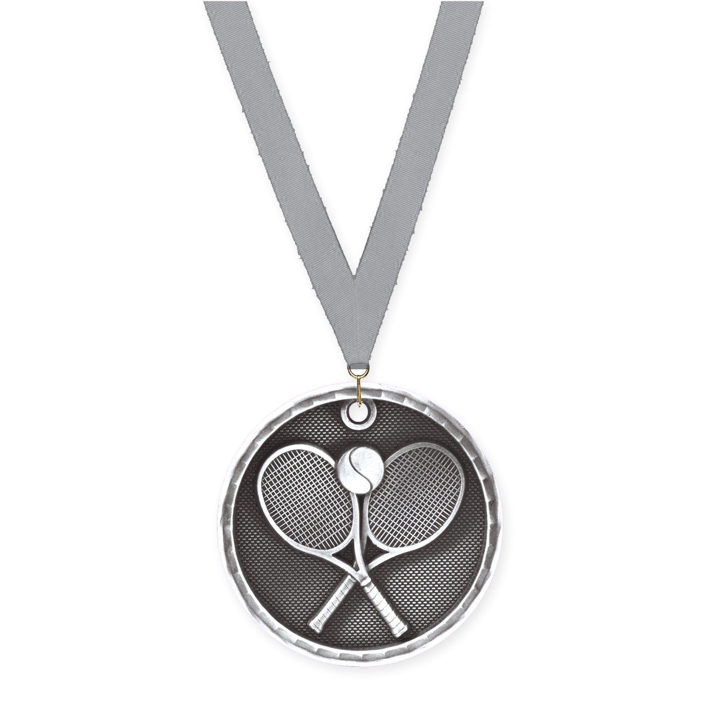 2 inch tennis 3-D medal in antique silver with Gray neck ribbon
