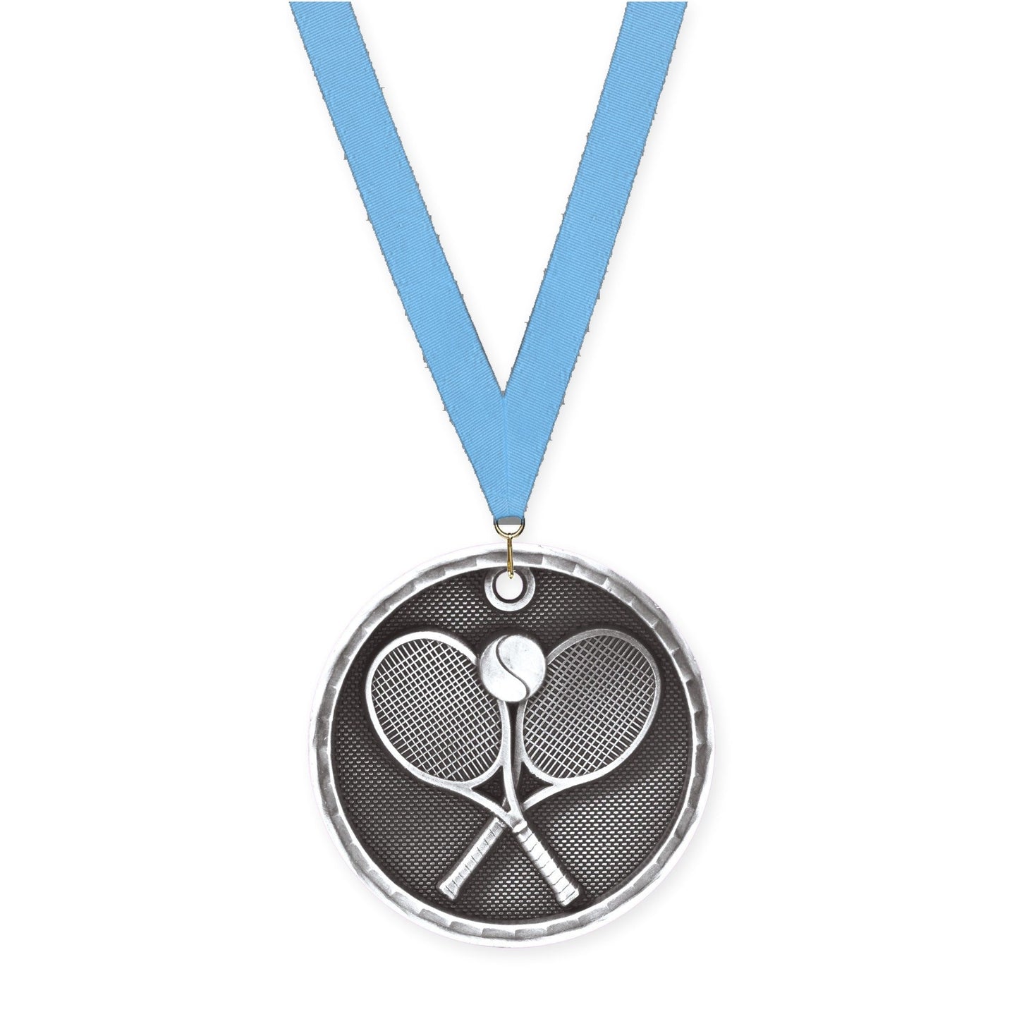 2 inch tennis 3-D medal in antique silver with Light Blue neck ribbon