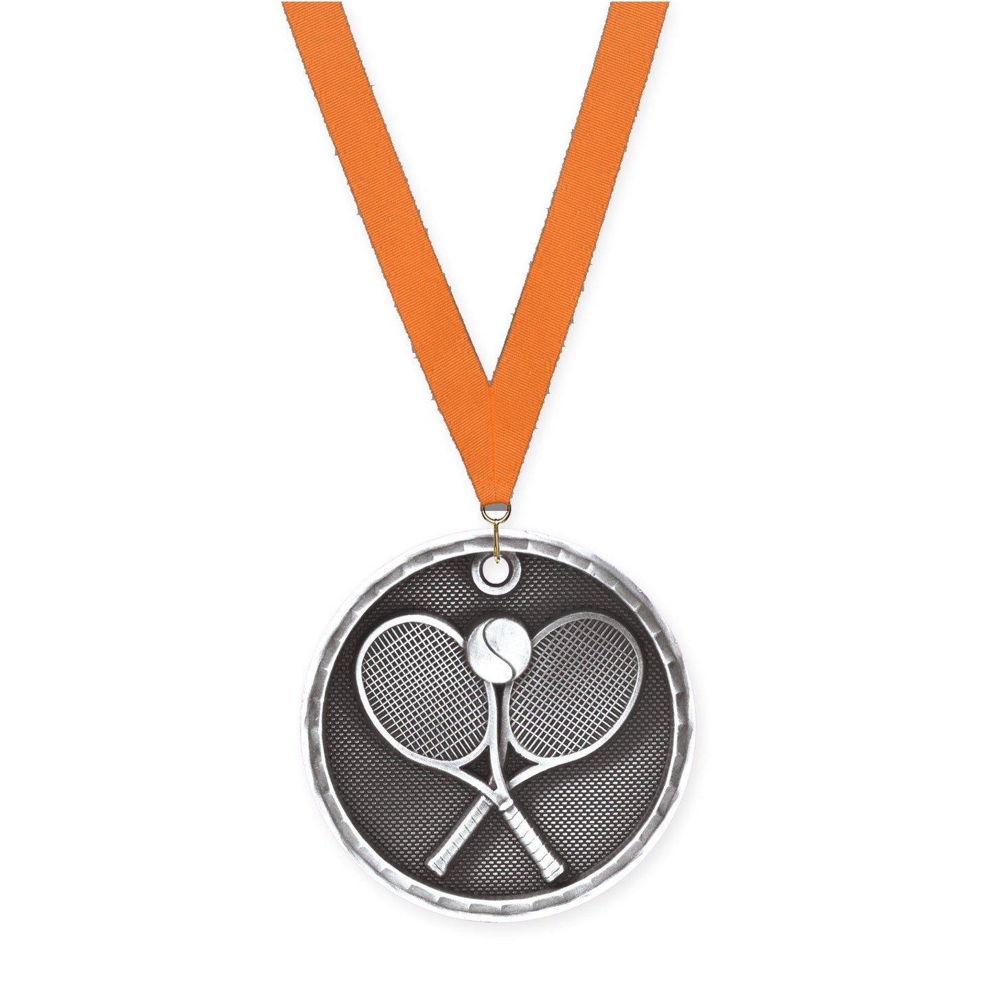 2 inch tennis 3-D medal in antique silver with Orange neck ribbon