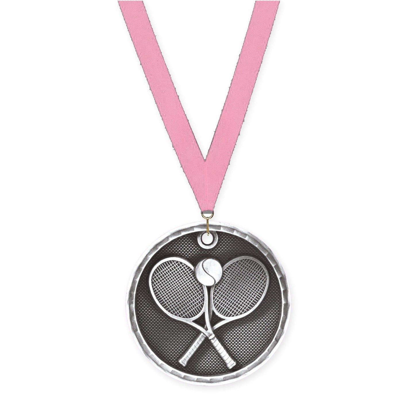 2 inch tennis 3-D medal in antique silver with Pink neck ribbon
