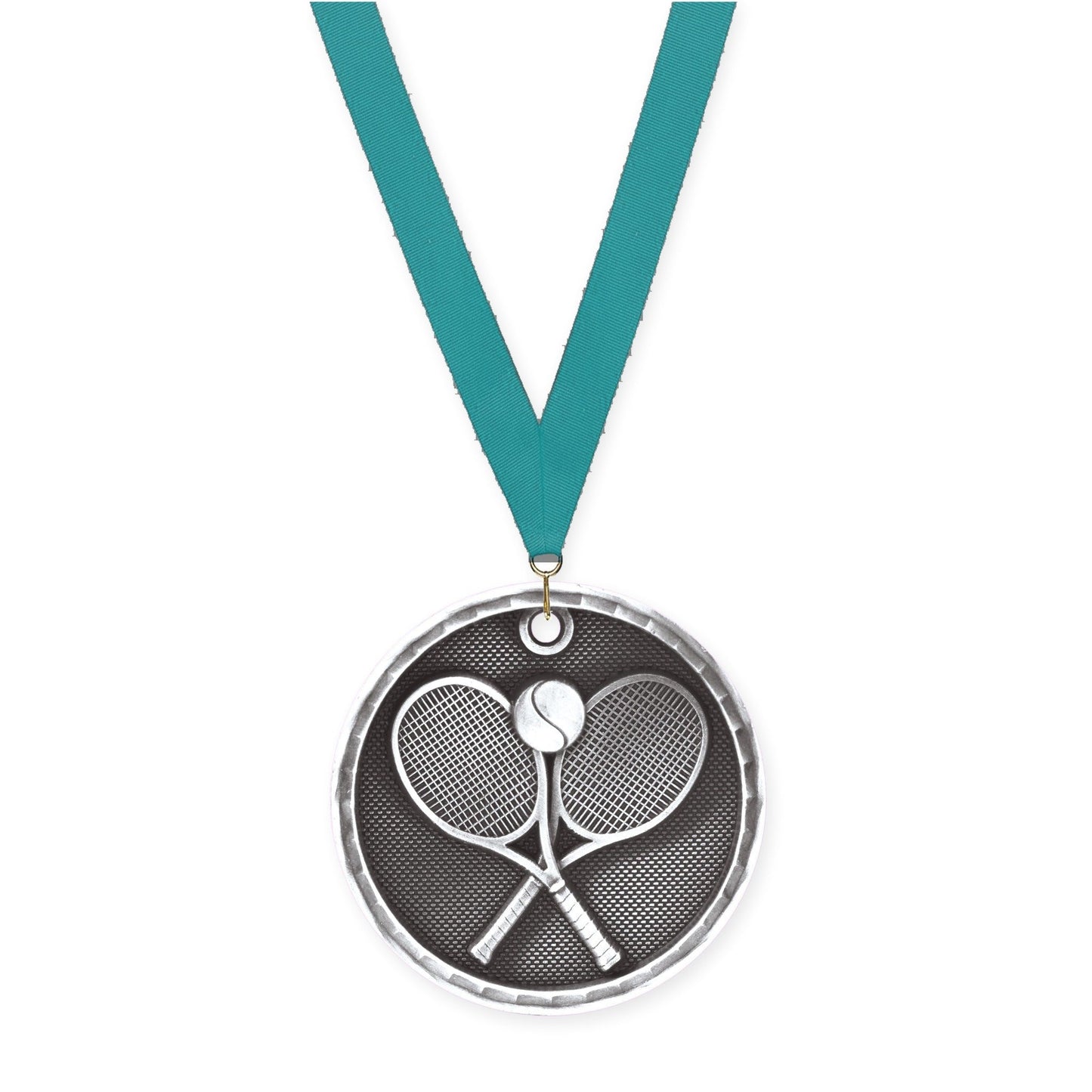 2 inch tennis 3-D medal in antique silver with Teal neck ribbon