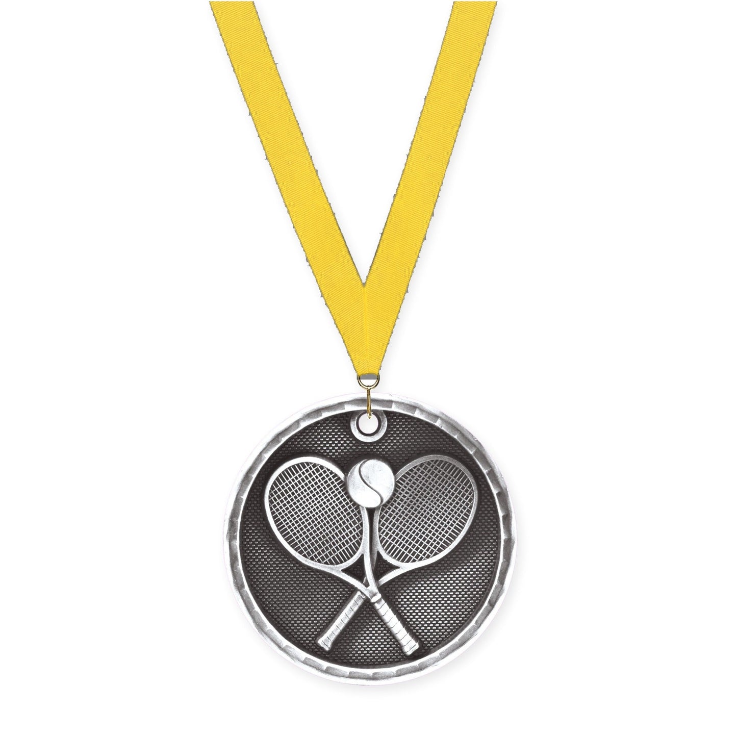 2 inch tennis 3-D medal in antique silver with Yellow neck ribbon