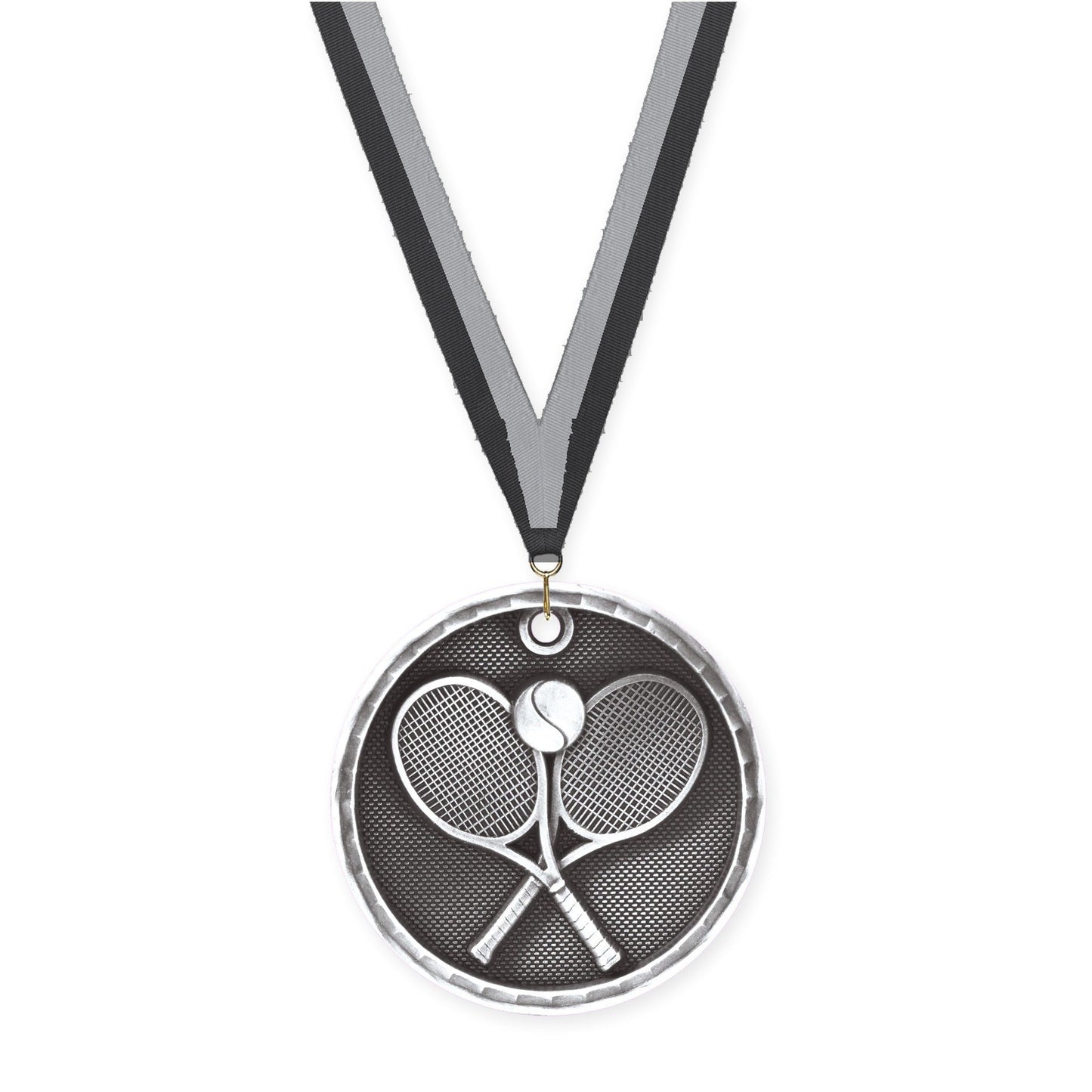 2 inch tennis 3-D medal in antique silver with Black Gray neck ribbon
