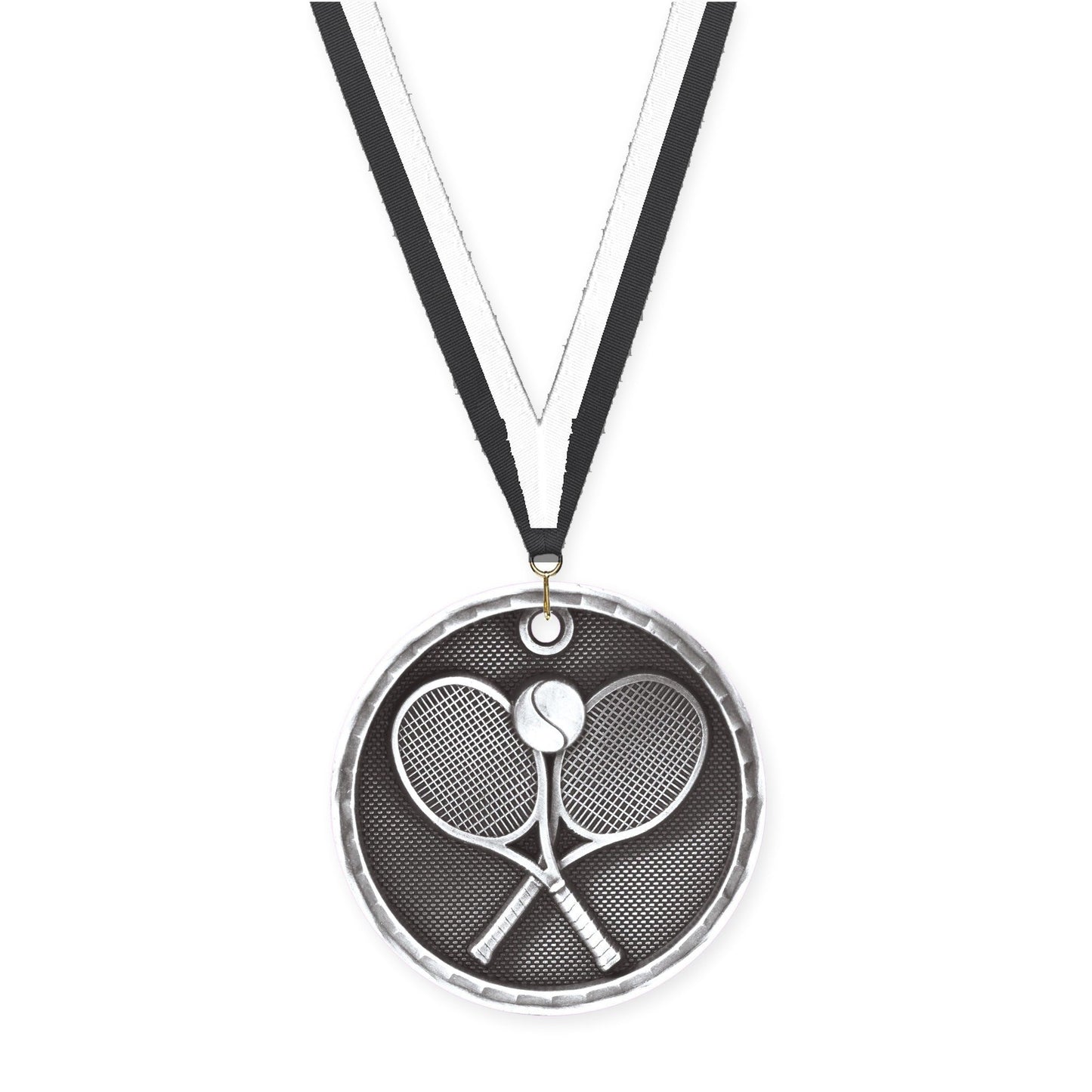 2 inch tennis 3-D medal in antique silver with Black White neck ribbon