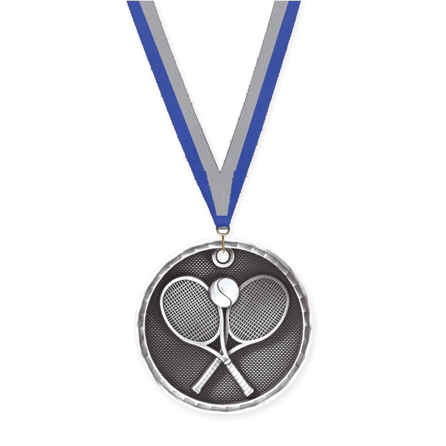 2 inch tennis 3-D medal in antique silver with Blue Gray neck ribbon