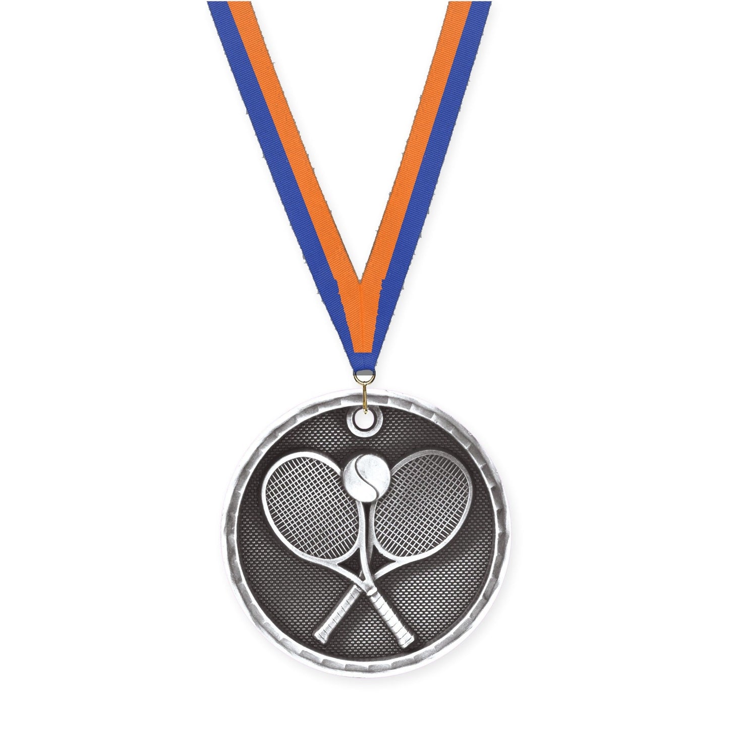 2 inch tennis 3-D medal in antique silver with Blue Orange neck ribbon