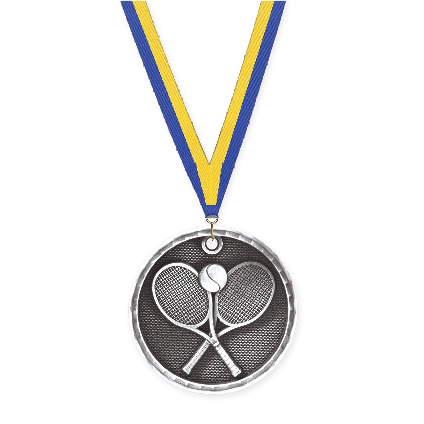 2 inch tennis 3-D medal in antique silver with Blue Yellow neck ribbon