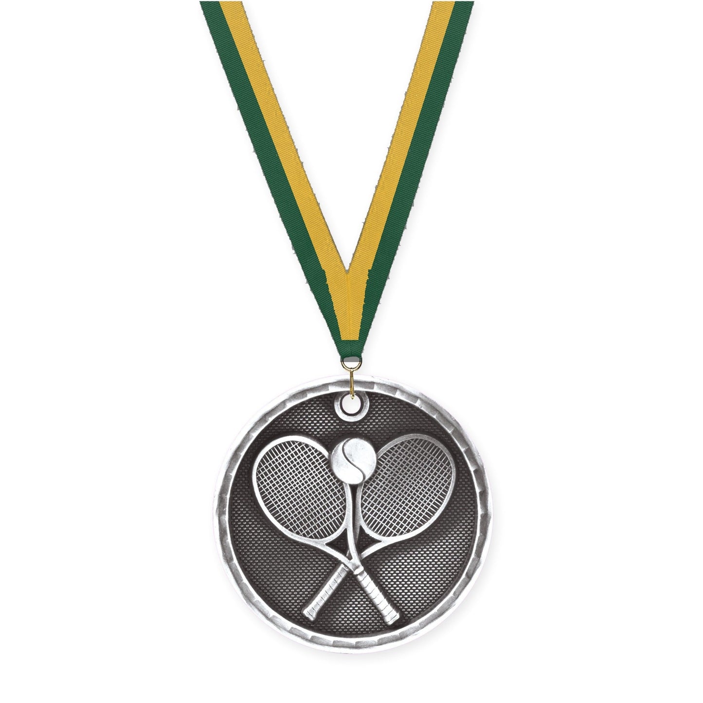 2 inch tennis 3-D medal in antique silver with Hunter Green Gold neck ribbon