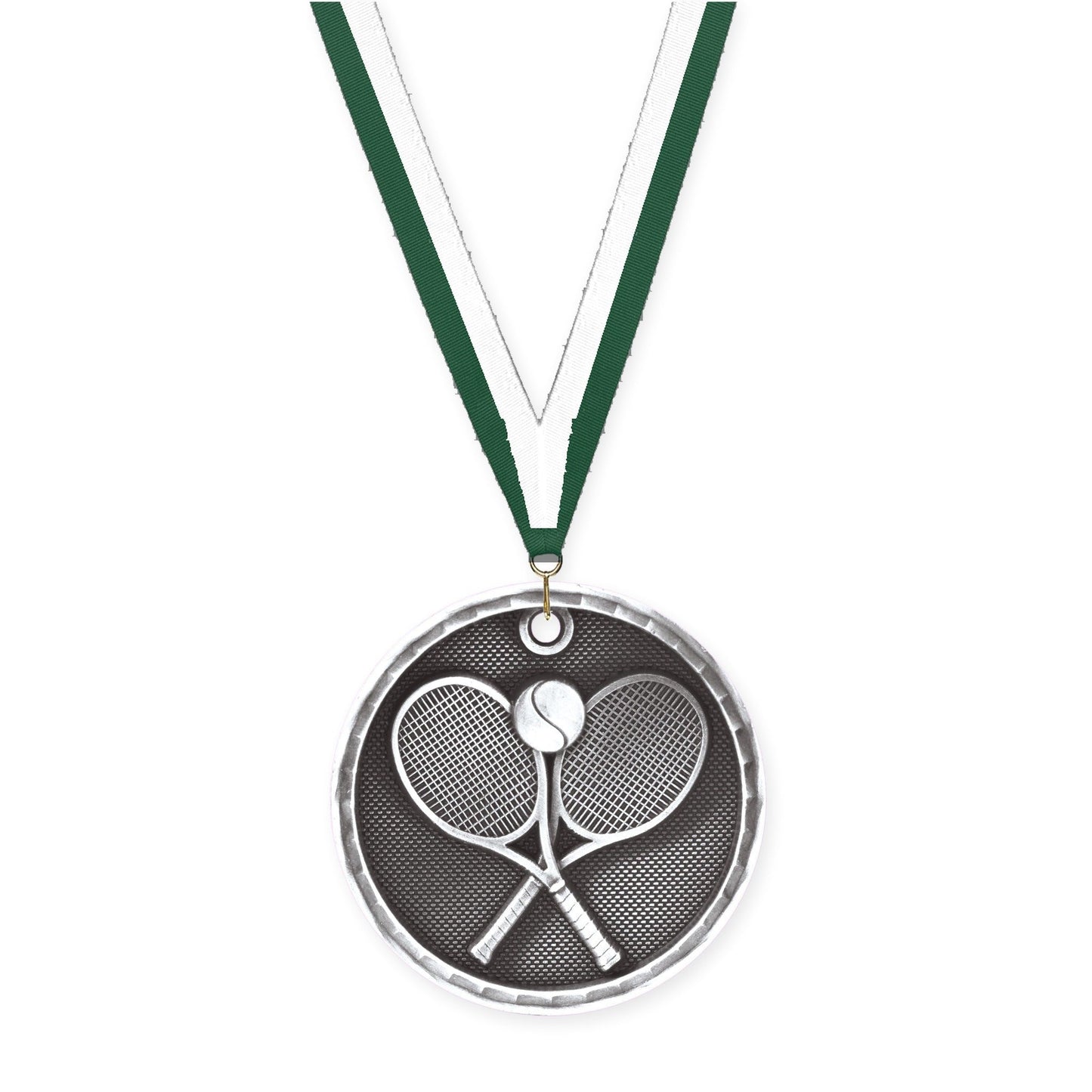2 inch tennis 3-D medal in antique silver with Hunter Green White neck ribbon