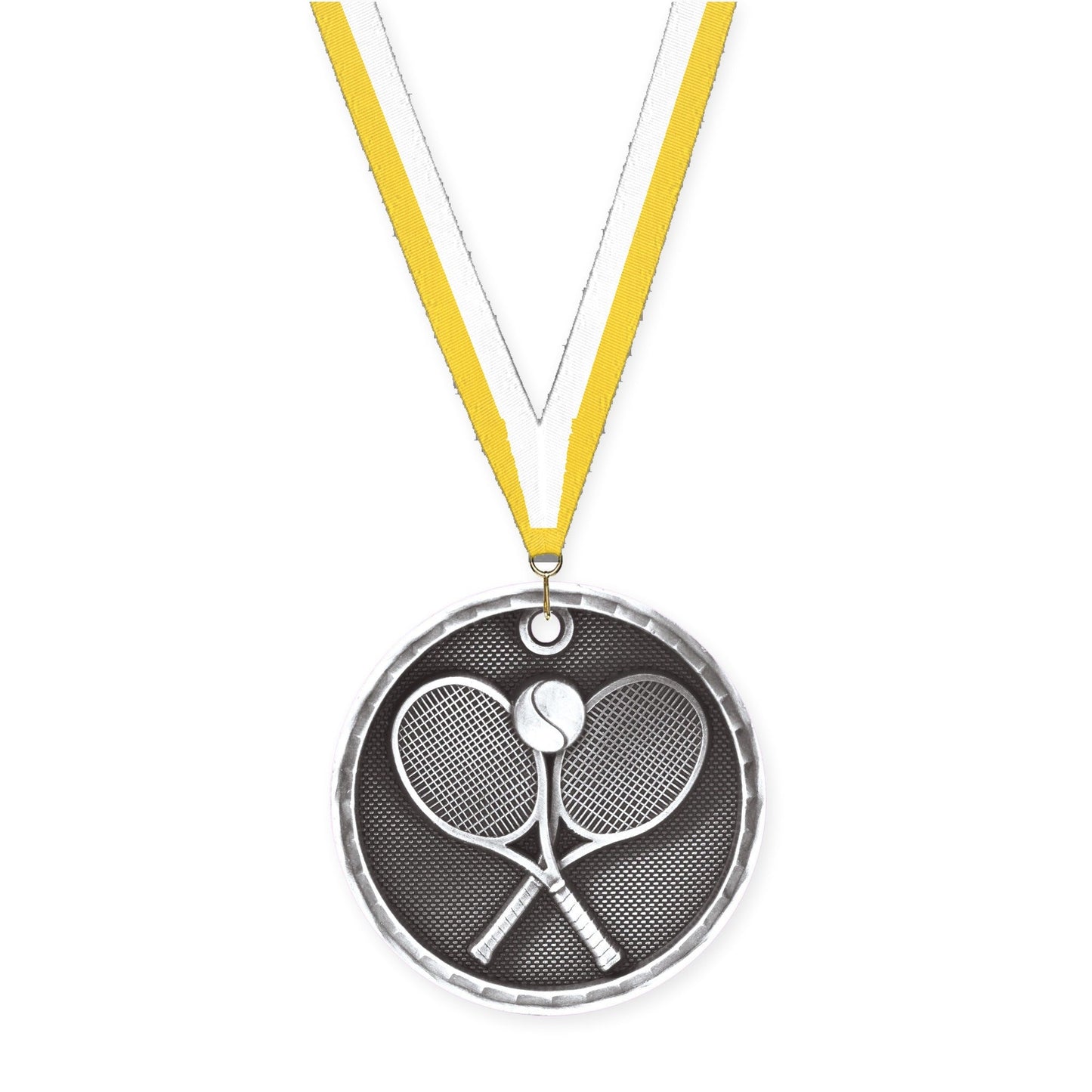 2 inch tennis 3-D medal in antique silver with Yellow White neck ribbon