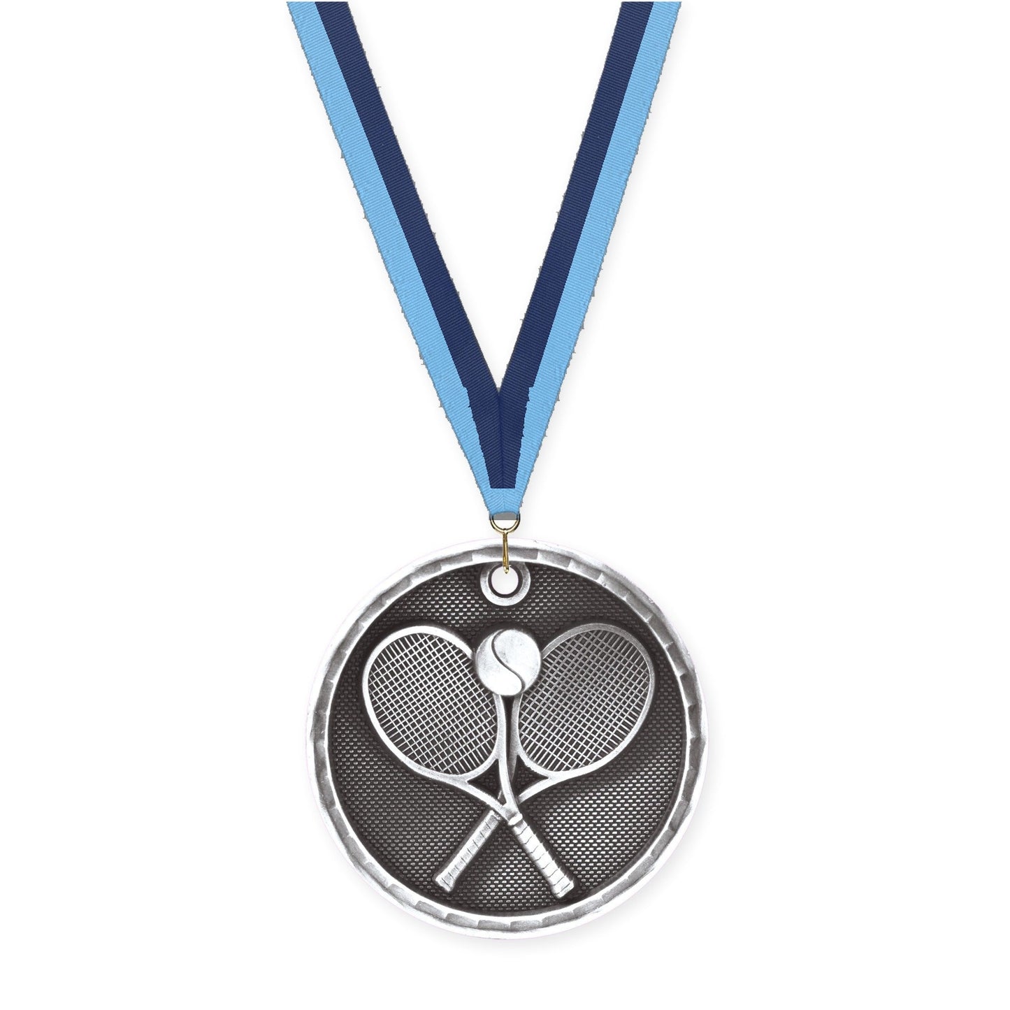 2 inch tennis 3-D medal in antique silver with Light Blue Navy neck ribbon