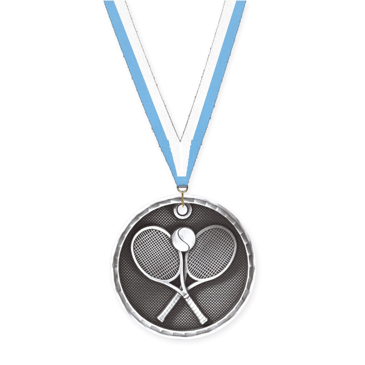 2 inch tennis 3-D medal in antique silver with Light Blue White neck ribbon