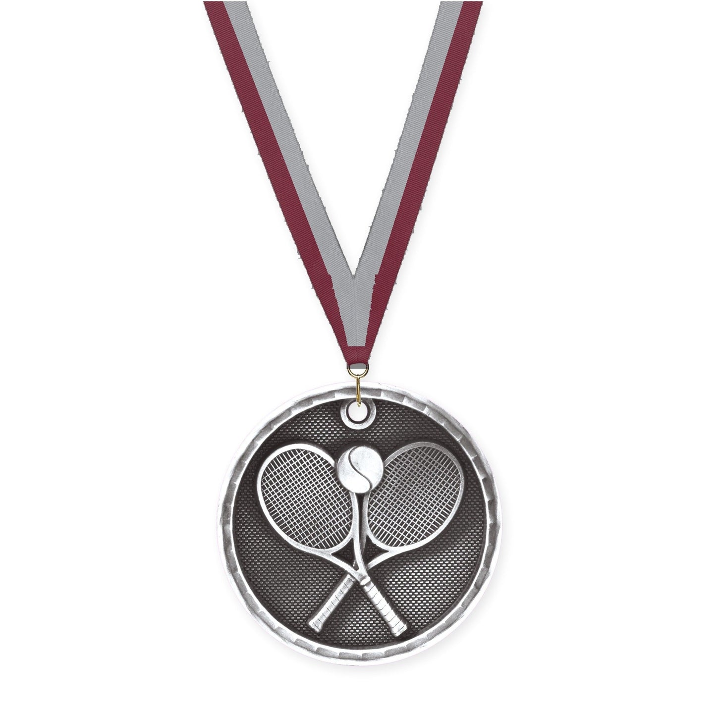 2 inch tennis 3-D medal in antique silver with Maroon Gray neck ribbon