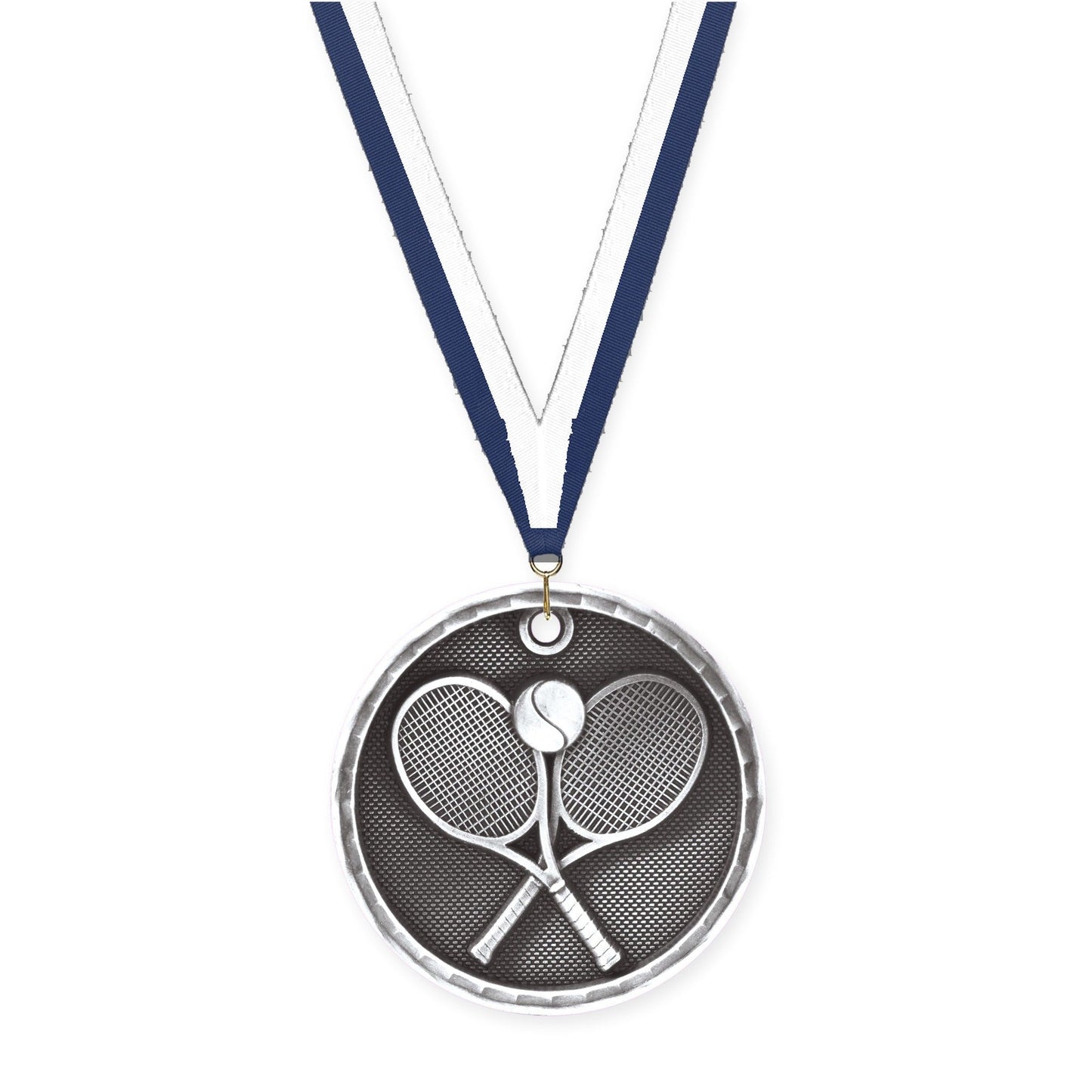 2 inch tennis 3-D medal in antique silver with Navy White neck ribbon