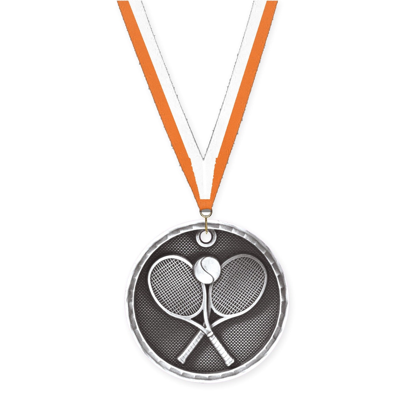 2 inch tennis 3-D medal in antique silver with Orange White neck ribbon