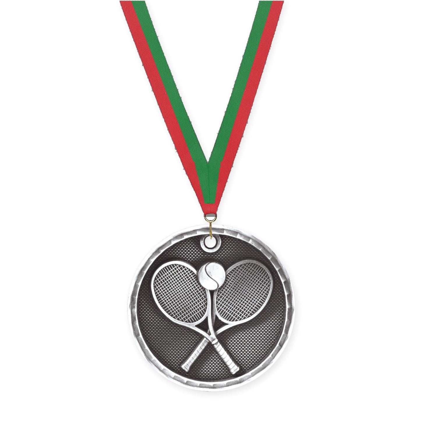 2 inch tennis 3-D medal in antique silver with Red Green neck ribbon