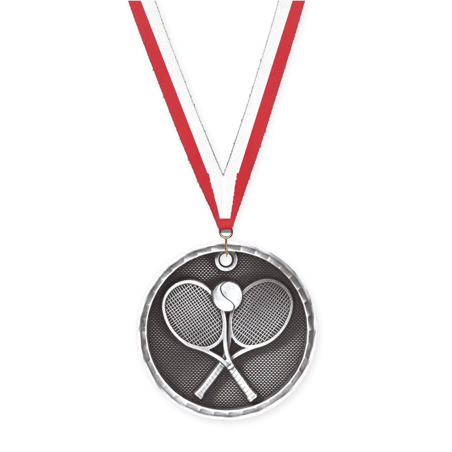 2 inch tennis 3-D medal in antique silver with Red White neck ribbon