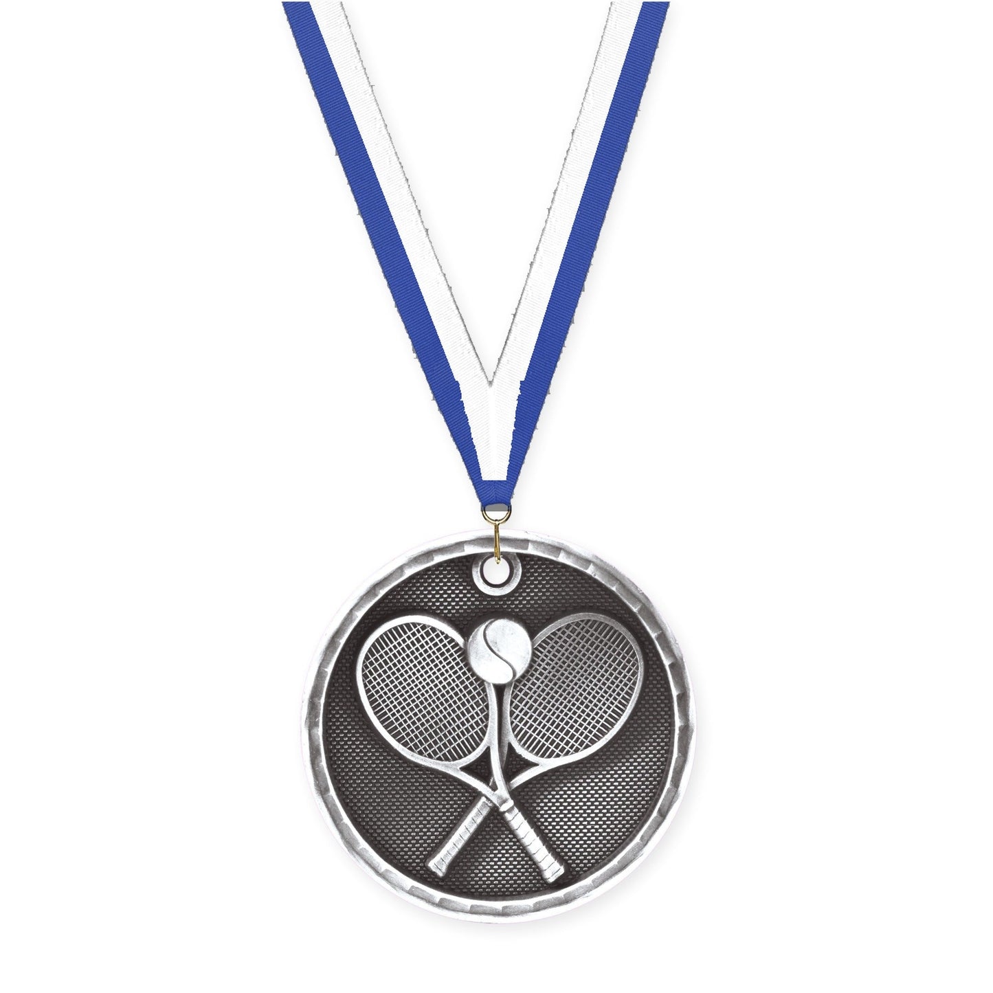 2 inch tennis 3-D medal in antique silver with Blue White neck ribbon