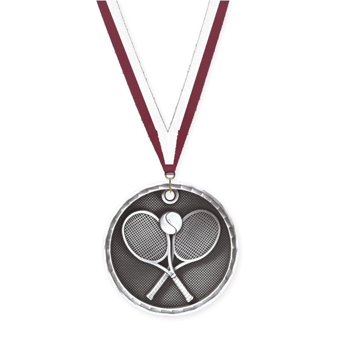 2 inch tennis 3-D medal in antique silver with Maroon White neck ribbon