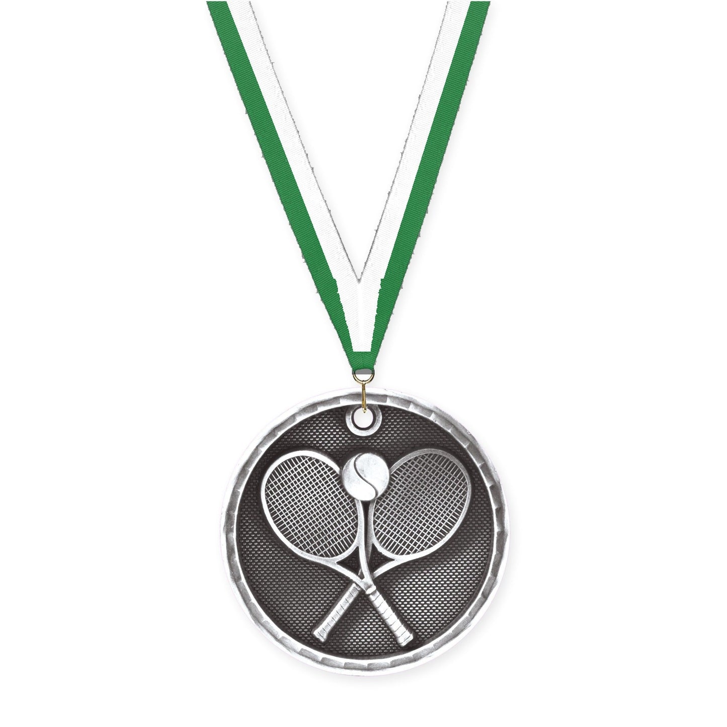 2 inch tennis 3-D medal in antique silver with Green White neck ribbon