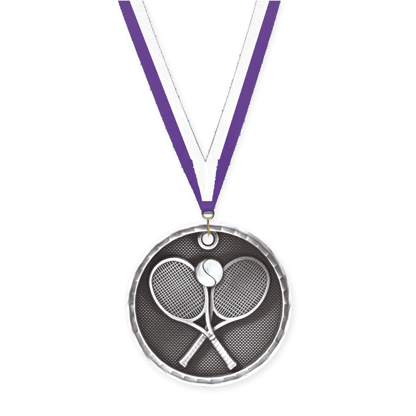 2 inch tennis 3-D medal in antique silver with Purple White neck ribbon