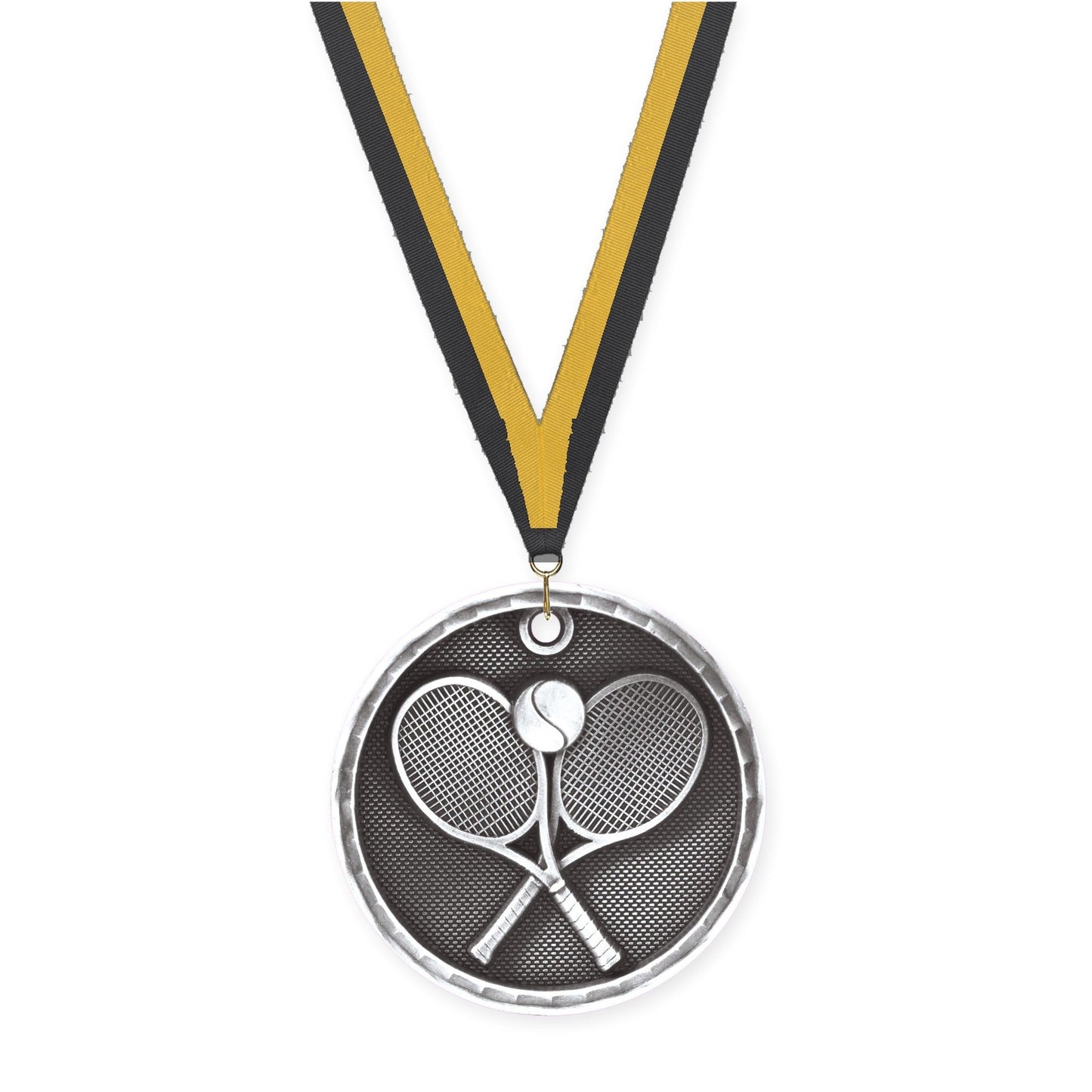 2 inch tennis 3-D medal in antique silver with Black Gold neck ribbon