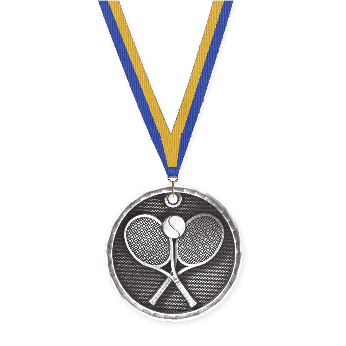 2 inch tennis 3-D medal in antique silver with Blue Gold neck ribbon