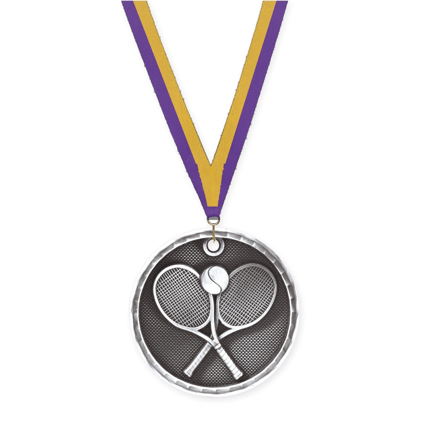 2 inch tennis 3-D medal in antique silver with Purple Gold neck ribbon