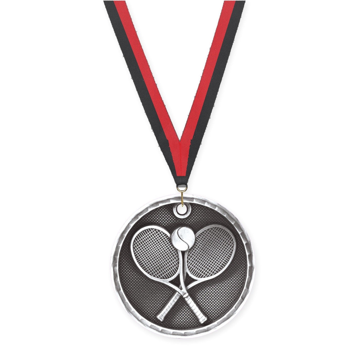 2 inch tennis 3-D medal in antique silver with Black Red neck ribbon