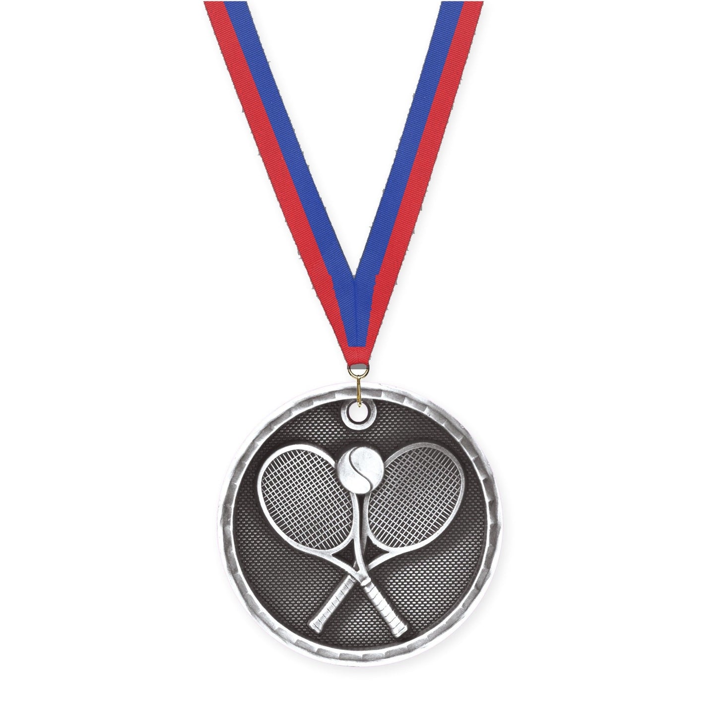 2 inch tennis 3-D medal in antique silver with Blue Red neck ribbon