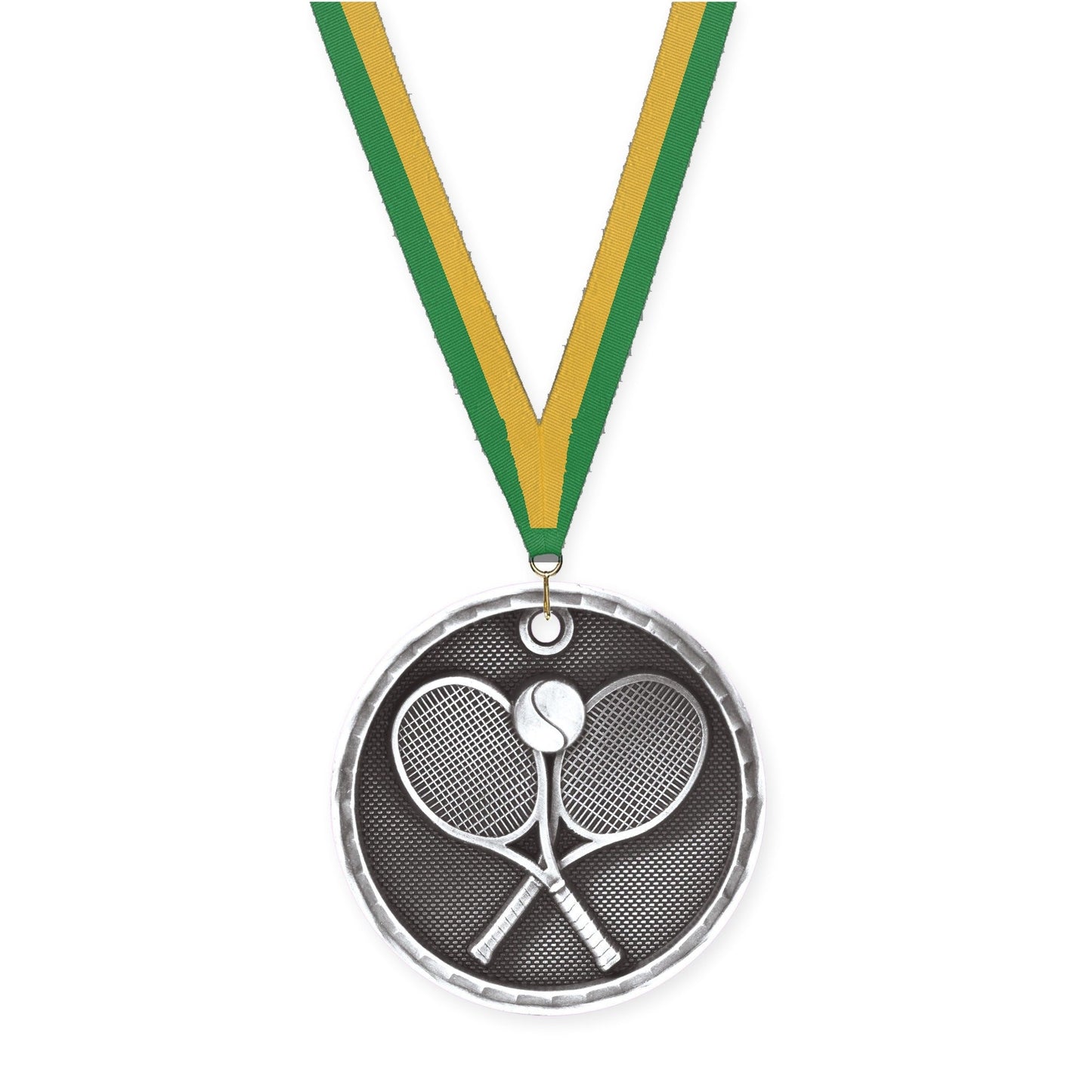 2 inch tennis 3-D medal in antique silver with Green Gold neck ribbon