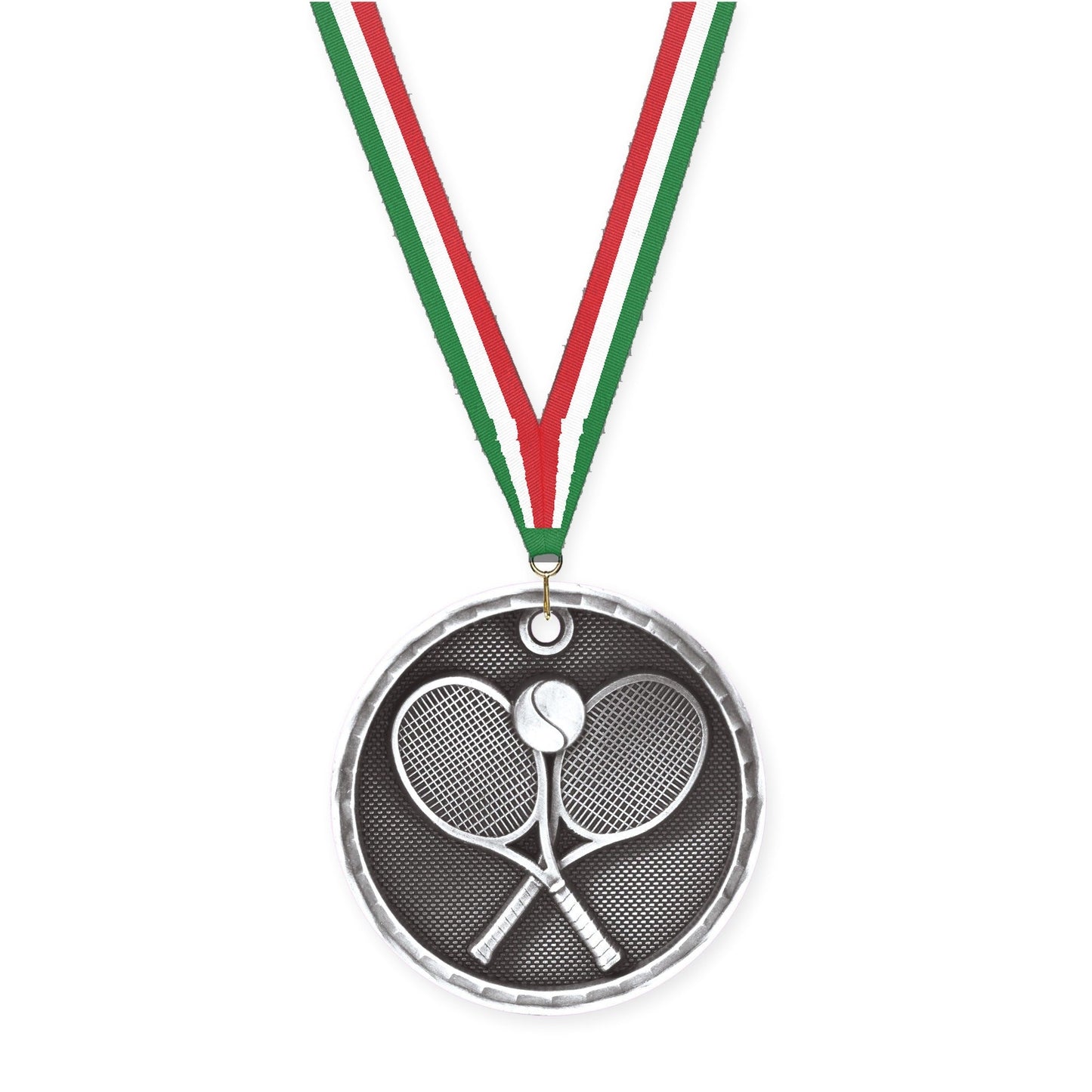 2 inch tennis 3-D medal in antique silver with Green White Red neck ribbon
