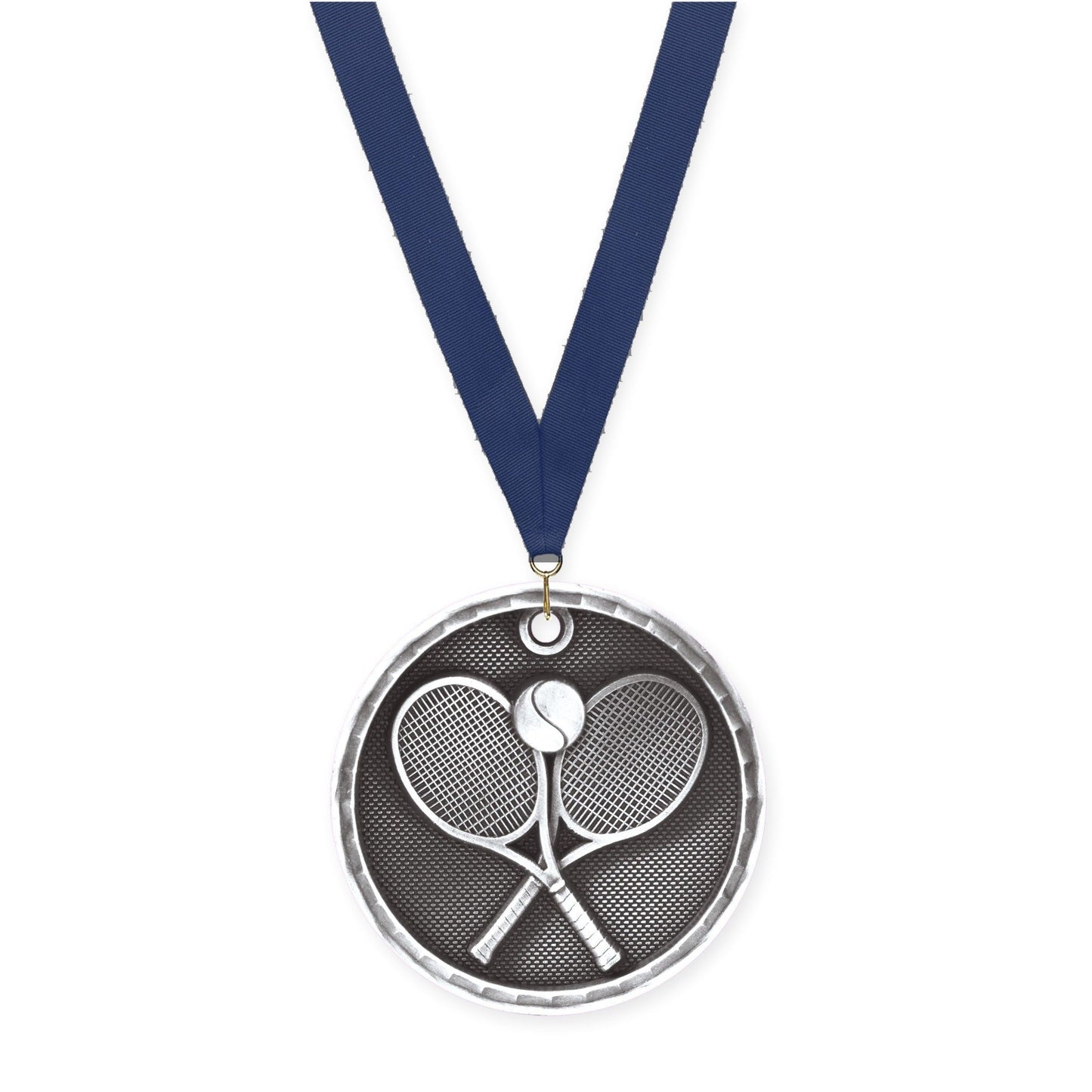 2 inch tennis 3-D medal in antique silver with Navy neck ribbon