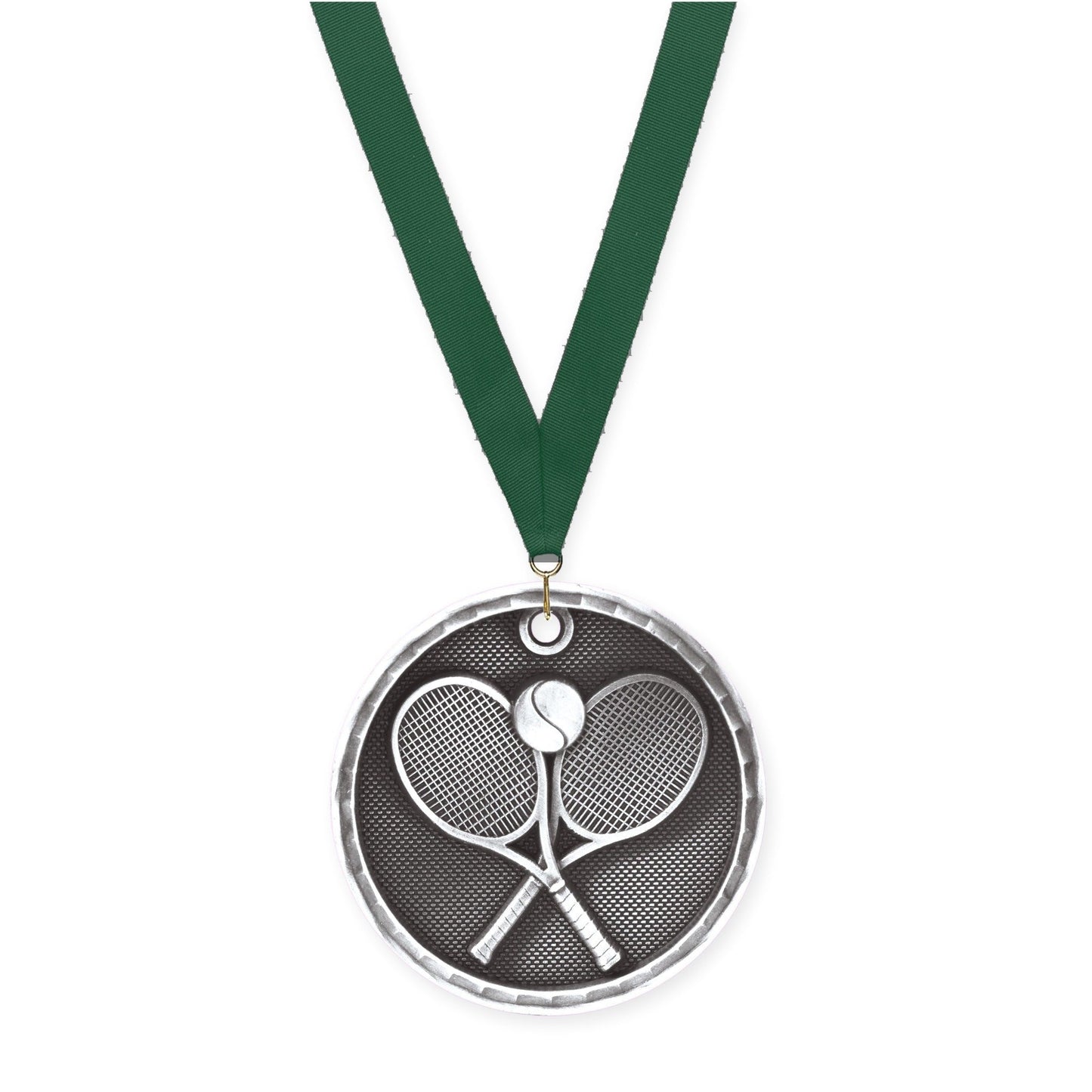 2 inch tennis 3-D medal in antique silver with Hunter Green neck ribbon