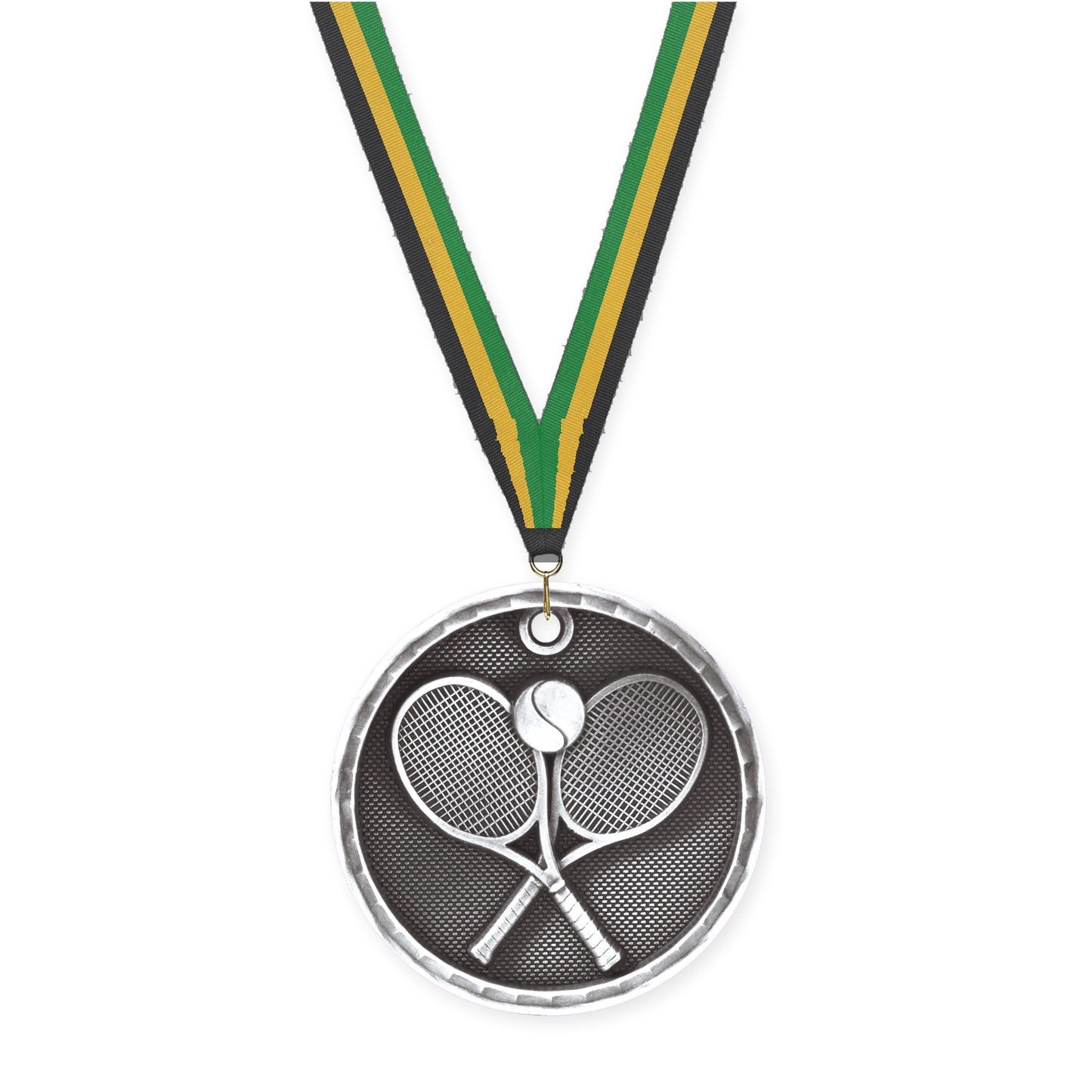 2 inch tennis 3-D medal in antique silver with Black Gold Green neck ribbon