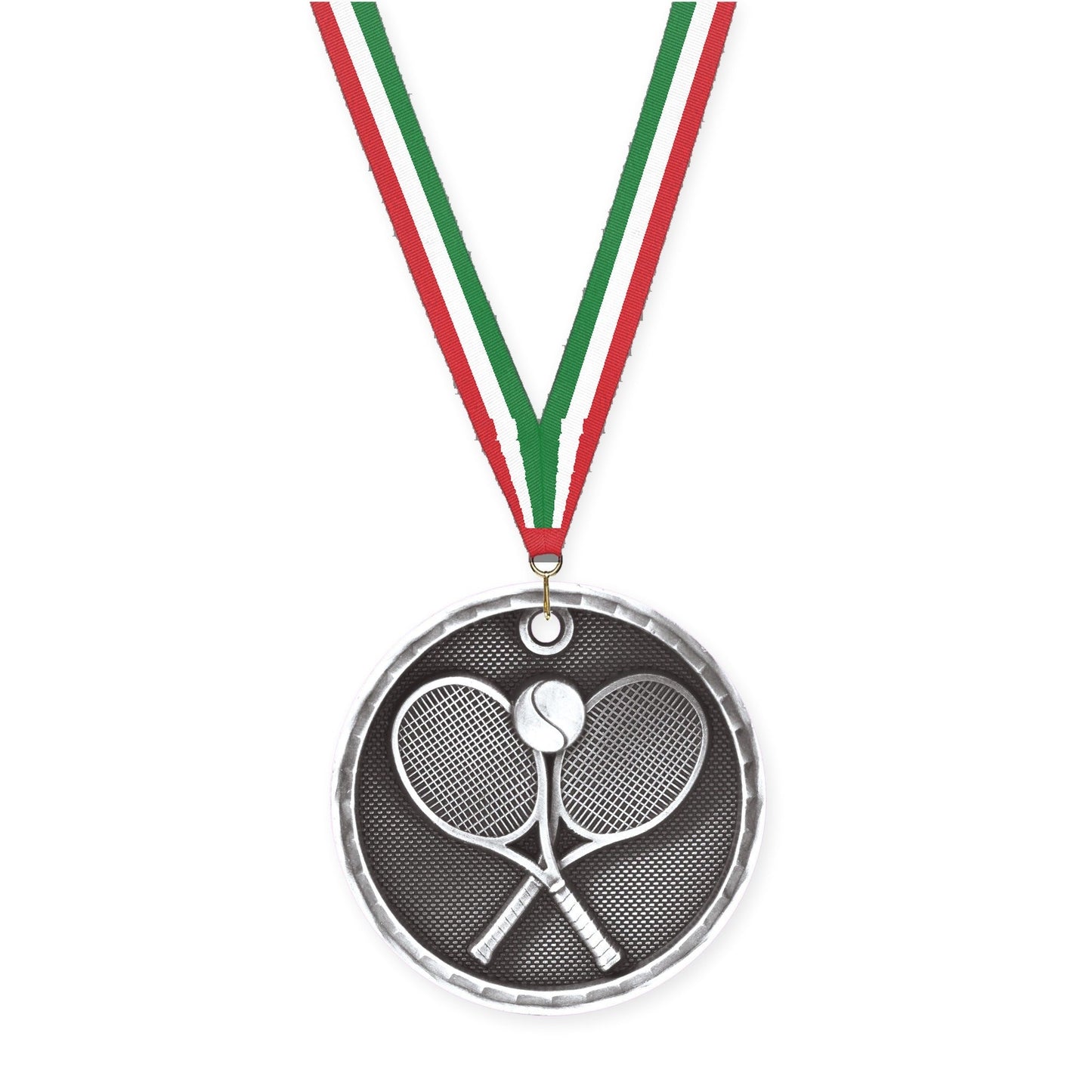 2 inch tennis 3-D medal in antique silver with Red White Green neck ribbon