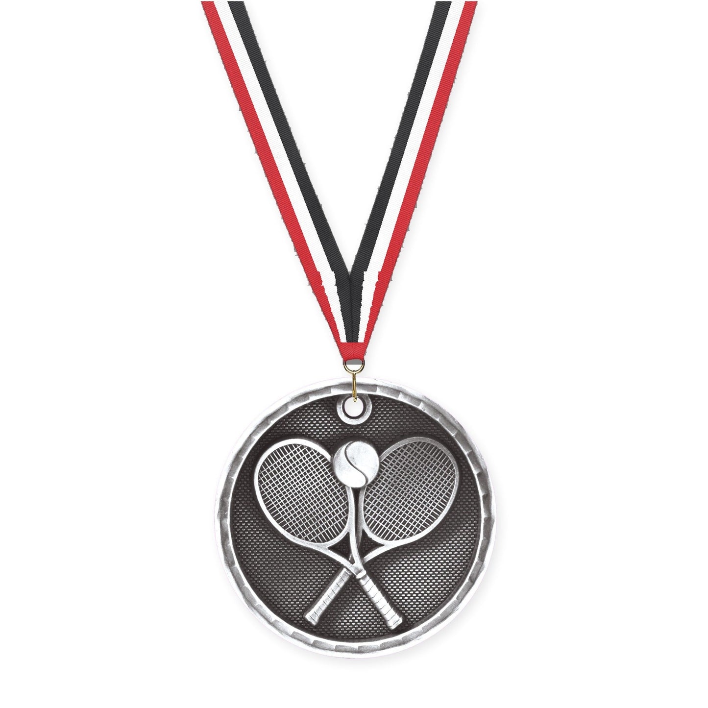 2 inch tennis 3-D medal in antique silver with Red White Black neck ribbon