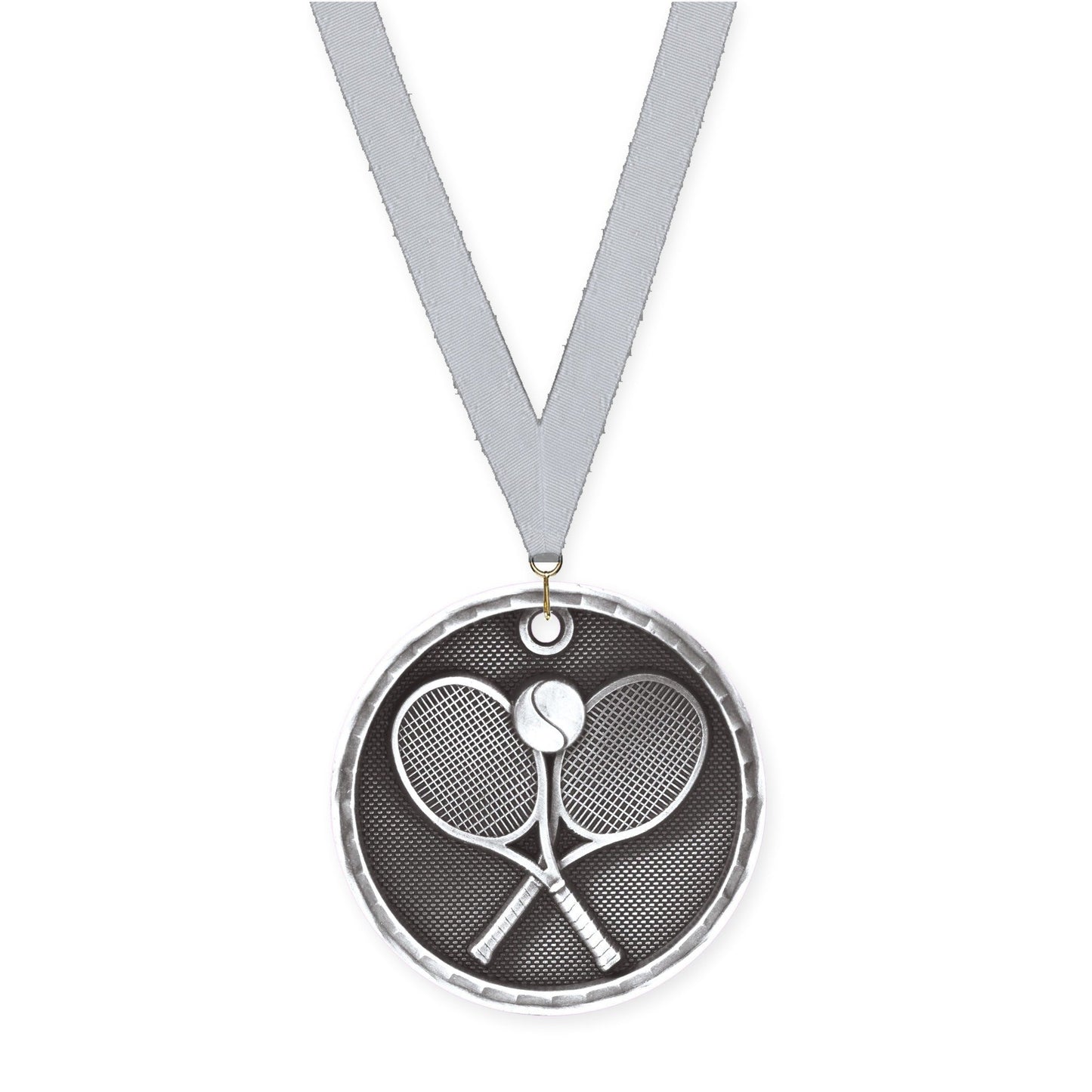 2 inch tennis 3-D medal in antique silver with Silver Metallic neck ribbon