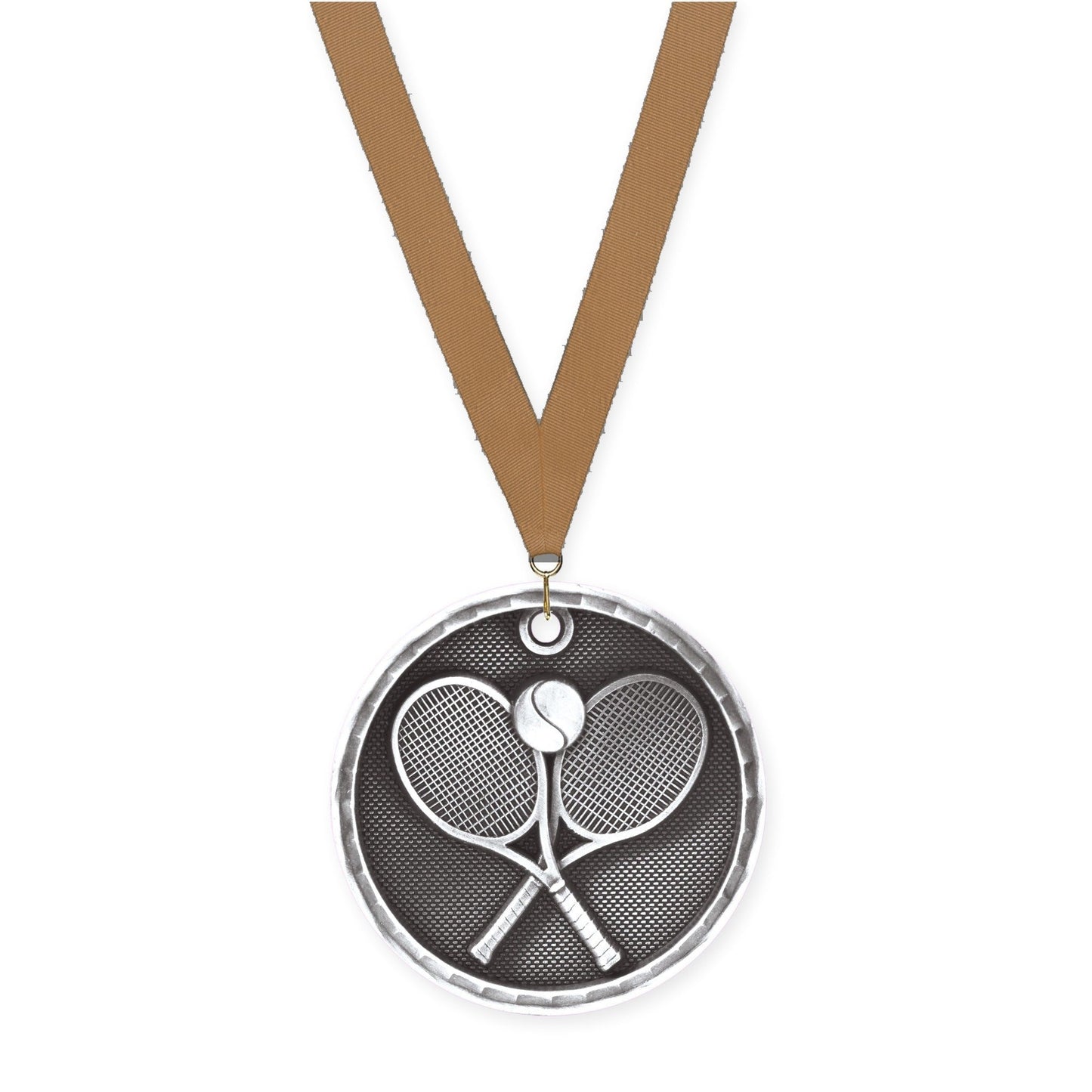 2 inch tennis 3-D medal in antique silver with Bronze Metallic neck ribbon
