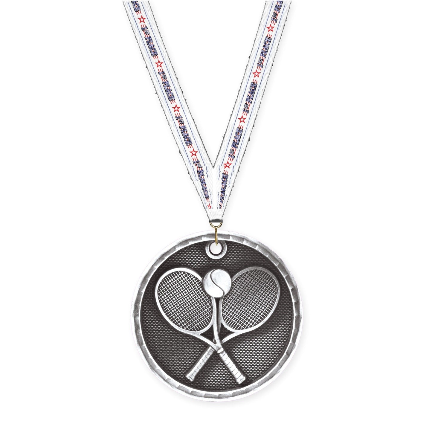 2 inch tennis 3-D medal in antique silver with 1st Place neck ribbon