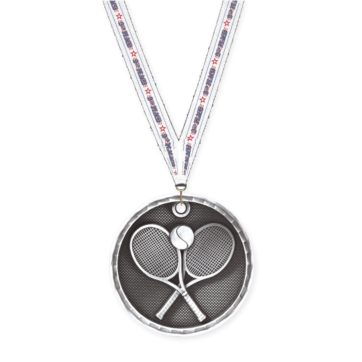 2 inch tennis 3-D medal in antique silver with 2nd Place neck ribbon