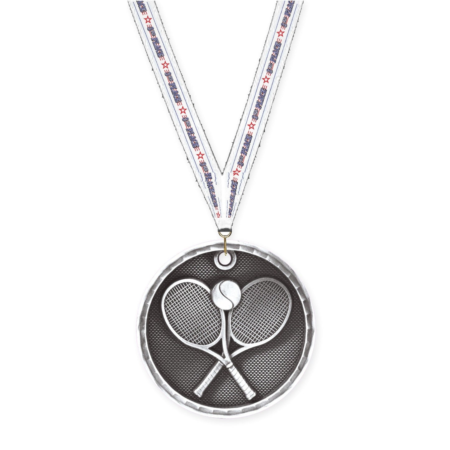 2 inch tennis 3-D medal in antique silver with 3rd Place neck ribbon