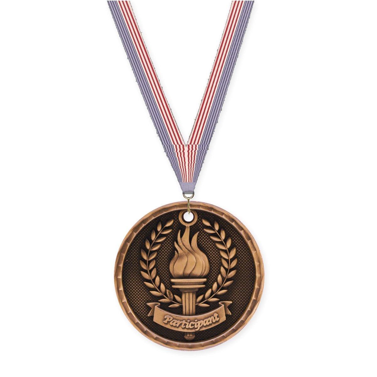 2 inch Participant 3-D medal in antique bronze with USA Flag neck ribbon
