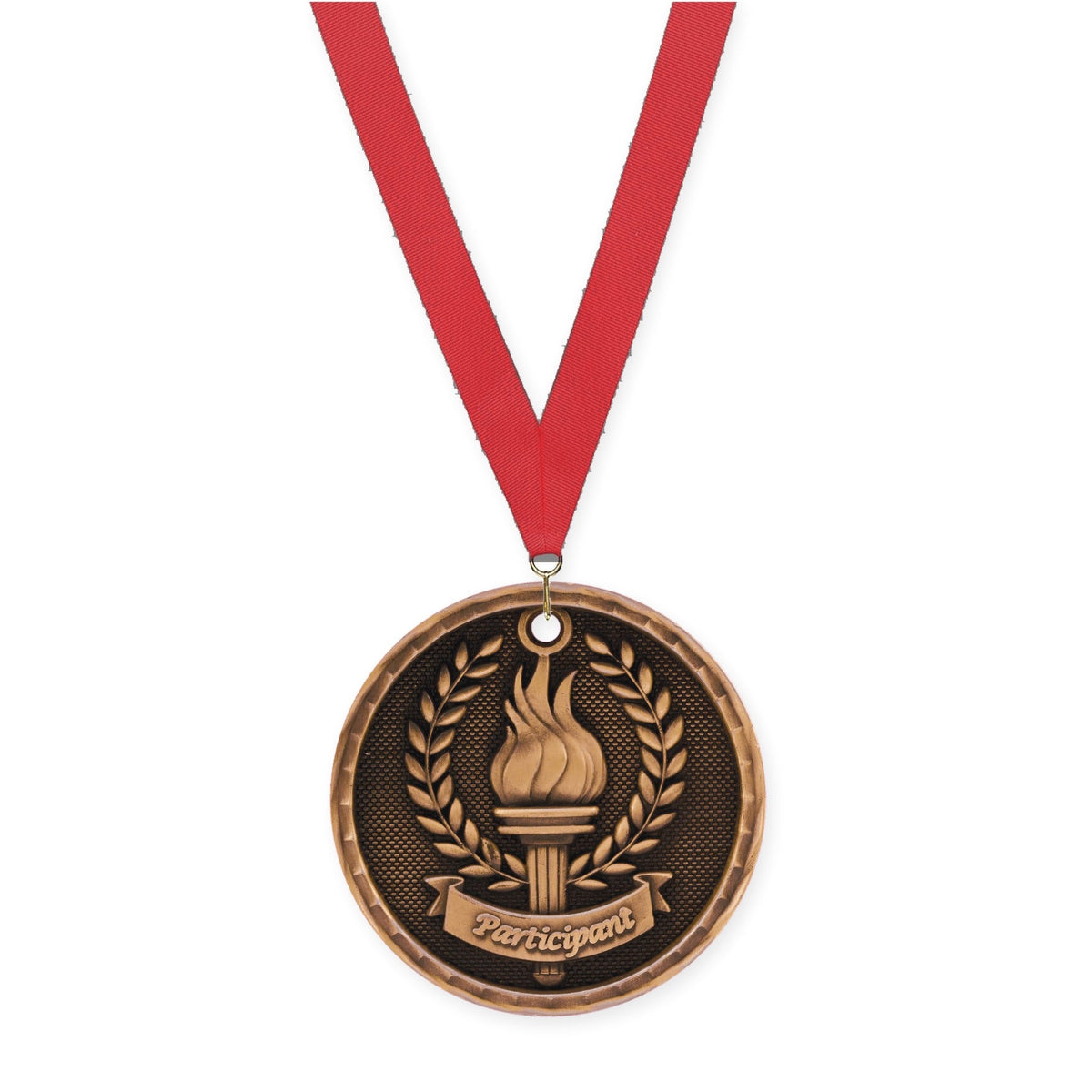 2 inch Participant 3-D medal in antique bronze with Red neck ribbon