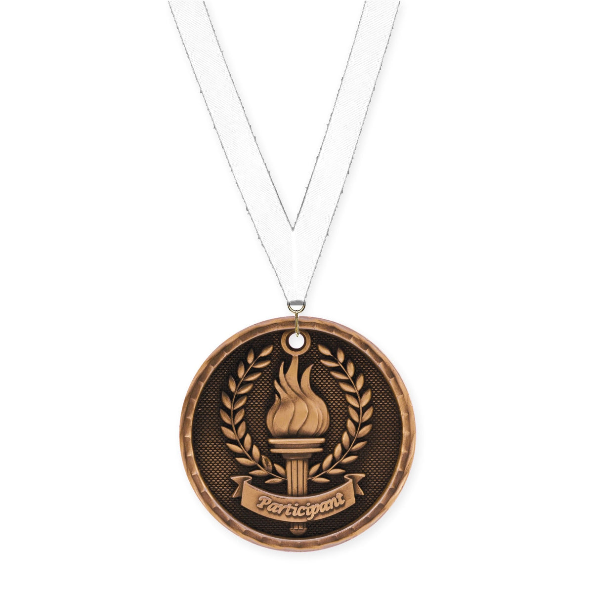 2 inch Participant 3-D medal in antique bronze with White neck ribbon