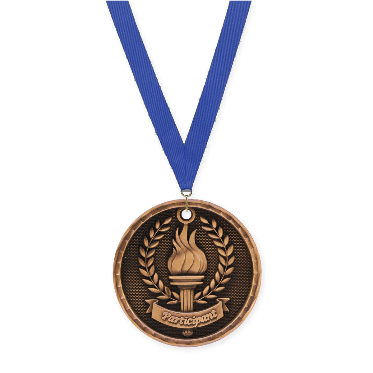 2 inch Participant 3-D medal in antique bronze with Blue neck ribbon