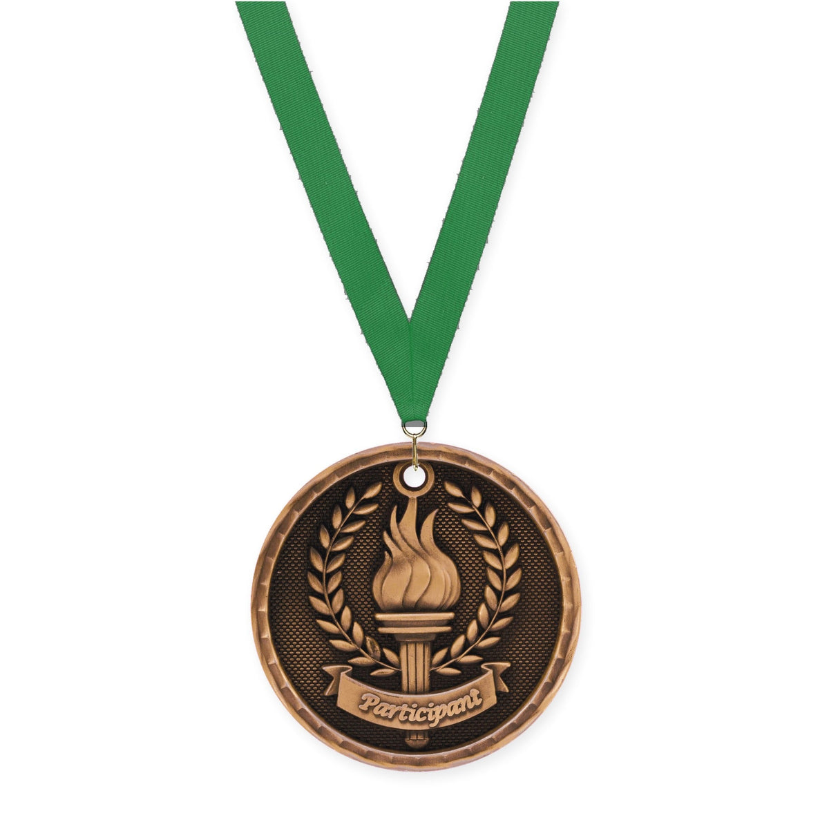 2 inch Participant 3-D medal in antique bronze with Green neck ribbon