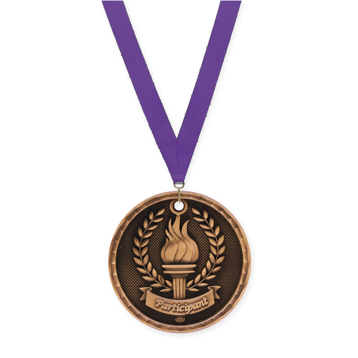 2 inch Participant 3-D medal in antique bronze with Purple neck ribbon